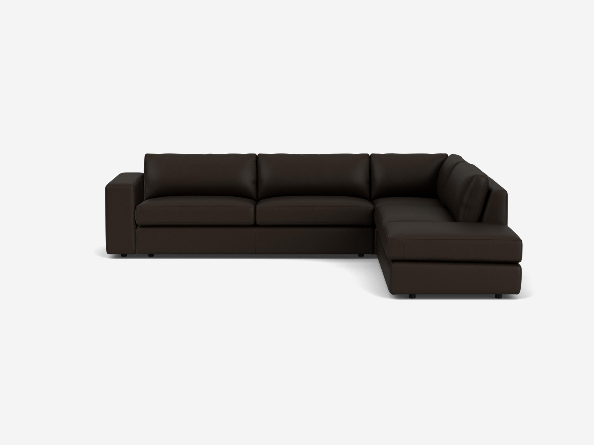 Black leather sectional sofa with right hand chaise front view